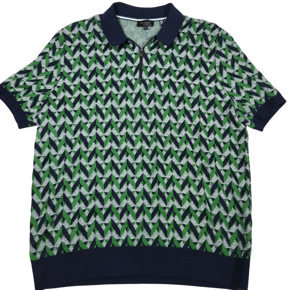 Ted Baker Boucle Jacquard Quarter Zip Short Sleeve Polo Shirt Mens 5/XL